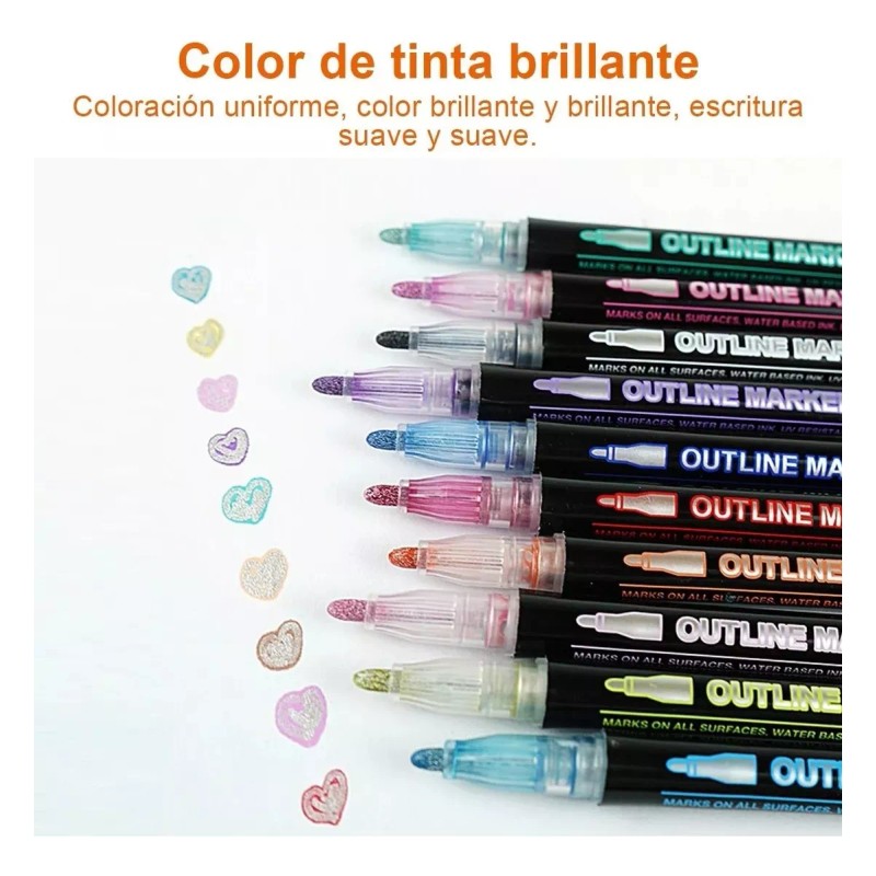 KFMX Plumones De Contorno Metálicos Doble Linea 12 Colores