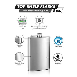 TOP SHELF FLASKS Hip Flask Holding 8 oz. - Metallic Grey, Stainless Steel, Heavy Gauge, Laser Welded, Leakproof, Rustproof Finish, Comes in Black Gift Box