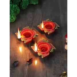 BBRATS Pack of 3 Diwali Diyas for Decoration | Clay Diyas Handmade and Handpainted Decorative Terracotta Diyas | Diwali Lighting Home Decoration (Red