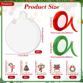30 Pcs Clear Acrylic Christmas Ornaments, Blank Round Acrylic Ornament with Ribbons and Christmas Charms, Christmas Hanging Ornaments Blank Ornament for Christmas Tree Decoration DIY Craft