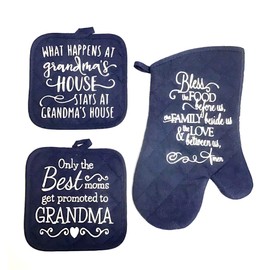3 - Piece Grandma Gift Set - 2 - Pot Holders - 1 - Oven Mitt - Hot Pads Kitchen Decor - Grandmother - Baking Navy Blue
