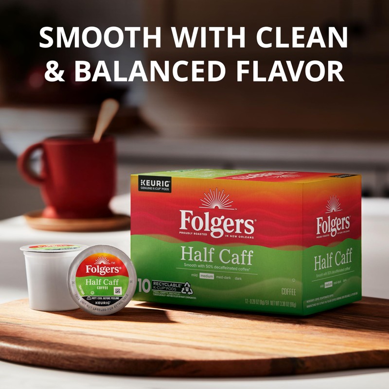 Folgers Half Caff Coffee, Medium Roast, Keurig K-Cup Pods, 10