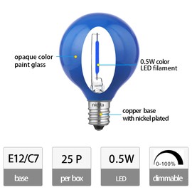 NIOSTA 25pack Opaque Blue G40 Replacement Bulb,0.5W LED Filament and E12 Candelabra Base,Decorative Ceramic Glass Bulb for Patio String Lights