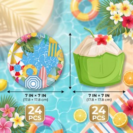 48 Pcs Pool Party Paper Plates, 7 Inch Coconut Shaped Dessert Plates & Pool Theme Plates, Summer Tropical Party Supplies for Beach, Luau, Hawaiian Party, Birthday
