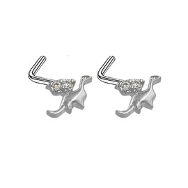 Niaspi 2Pcs Dinosaur Stud Nose Rings CZ Dragon L-Shaped Nose Rings Studs Stainless Steel Nostril Nose Piercing Jewelry for Women (Silver)