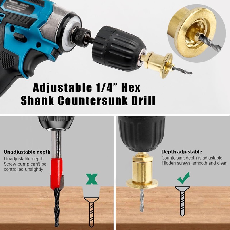 Evponk 5 Pcs Countersink Drill Bits Set, 1/4" Shank Counter
