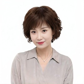 VORZIP Wig, Full Wig, Perm, Curly, Misses, Ladies, Medium and Aged, Conceals Gray Hair, Breathable, Easy to Wear, Wave, Short Wig (Brown)