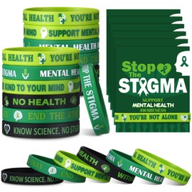 Humyoun 30 Sets/ 60 Pcs Mental Health Awareness Silicone Wristbands with Cards, Green Awareness Ribbon Supplies Green Wristbands for Mental Health Month School Campaign Support
