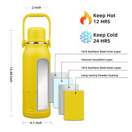 BJPKPK Insulated Thermos Water Bottle Double Wall with Handle and Lid 50oz Stainless Steel Water Bottles for Cold and Hot Beverages,Yellow