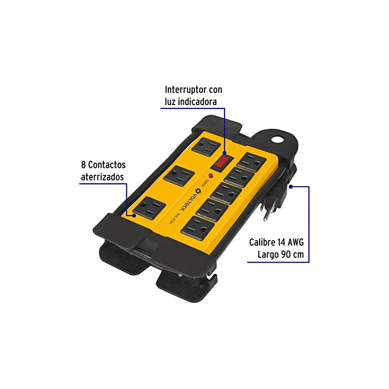 Volteck MUL-812X, Multicontacto uso industrial, 8 entradas, supresor, 1200 joules