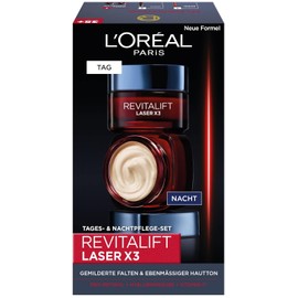 L'Oréal Paris Revitalift Laser X3 Anti-Aging Gesichtspflege-Set mit Pro-Retinol, Hyaluronsäure und Vitamin C, inklusive Tages- und Nachtcreme (2 x 50 ml).