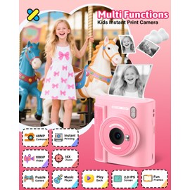 Mgaolo Kids Camera with Instant Print, Thermal Printing Digital Camera Gift for 3-12 Years Old Children, Safe Ink-Free Design, Toy for Creativity & Learning (Pink)