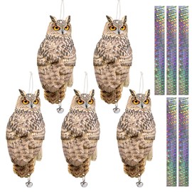 Lifreer 5PCS Reflective Bird Scarer Devices Owl Hanging Decoration Fake Control Device with Reflective Tape to Frighten Birds Away from Garden Patio Pool
