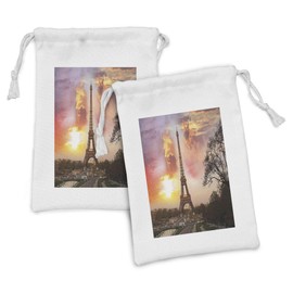 Ambesonne Paris Fabric Pouch Set of 2, Panoramic Photo of Eiffel Tower and Pastel Warm Sunset Sky Parisian Cityscape, Small Drawstring Bag for Toiletries Masks and Favors, 9" x 6", Orange and Brown