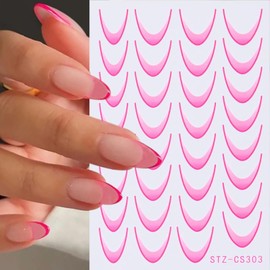French Tip Nail Stickers 3D Nail Decals for Nail Art, Colorful French Line Nail Art Stickers Self Adhesive Nail Tips Gradient Lines Nail Supplies French Style Nail Design Stickers for Women, 6 Sheets