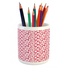 Ambesonne Pastel Pencil Pen Holder, Repetitive Valentine's Day Concept Hearts Romantic Theme Love Graphic, Ceramic Pencil Holder for Desk Office Accessory, 3.6" X 3.2", Coral Pink and White