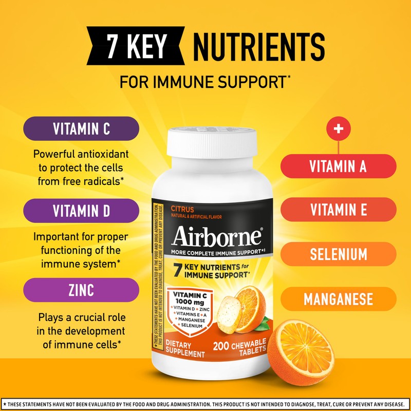 Airborne 1000mg Vitamin C with D and Zinc, Multivitamin Immune