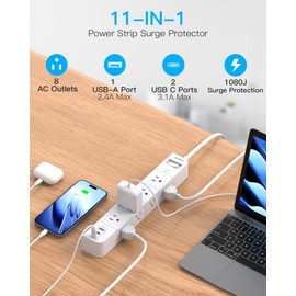 One Beat Extension Cord 15 ft, Surge Protector Power Strip with 8 Widely AC Outlets 3 USB（2 USB C）, Flat Plug Power Strip, Desktop Charging Station with Overload Protection for Home, Office, Dorm, ETL Listed