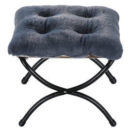 WELL-STRONG 15" Foldable Foot Stool Ottoman with Metal Frame - Washable Faux Fur Navy Upholstered Indoor/Outdoor Footrest for Living Room, Bedroom, Patio - Space-Saving Compact Design