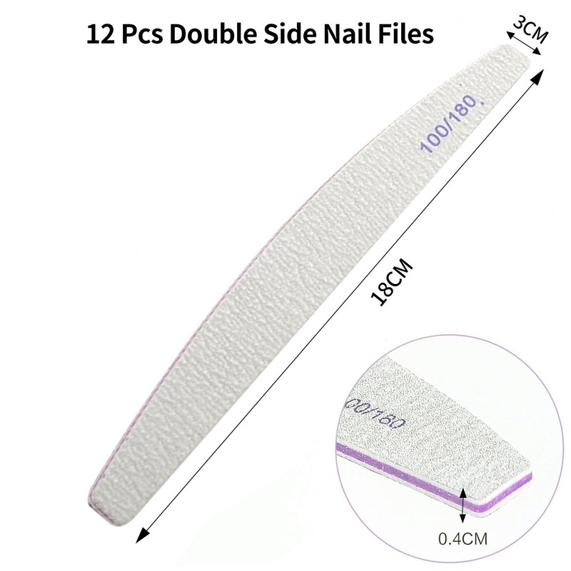 FUZVOL 12 Pcs Professional Nail Files Double Sided 100/180 Grit