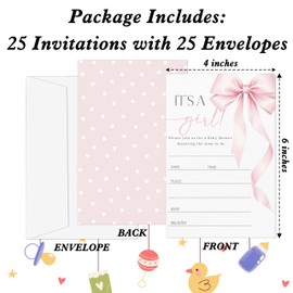 Gsauto Baby Shower Invitations for Girl, 25 Pink Bow Double-Sided Gender Reveal Invites with Envelopes, Bowknot Invitation Cards for Party Favor Decorations -A08