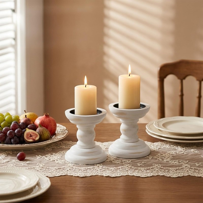 4 Pcs Wood Pillar Candle Holder Rustic White Candle Holder