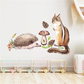 Cartoon Squirrel Hedgehog Wall Decals Cute Wild Animals Wall Stickers Peel and Stick Removable Wall Art Murals Baby Nursery Playroom Bedroom Classroom Kids Room Daycare Wall Decor 12.6in*8.2in