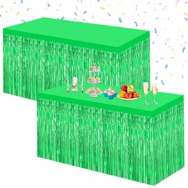 Morcheiong 2 Pack 29.5x108 Inch Green Foil Fringe Tinsel Table Skirts Disposable Table Skirt Banner for Rectangle Tables Tinsel Backdrop Curtain Party Supplies Wedding Parade Floats Decorations
