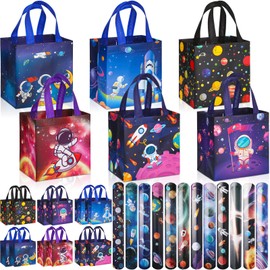 MiniInflat 24 Pcs Space Party Favor Bags Outer Space Non Woven Astronaut Gift Treat Bags with 24 Pcs Space Slap Bracelets, Reusable Galaxy Goodie Candy Bag with Handles for Space Party Supplies
