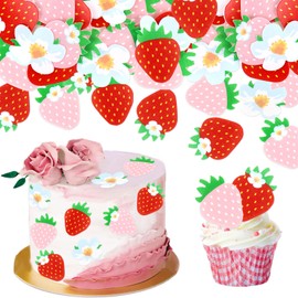 Blumomon 40Pcs Edible Strawberry Cupcake Toppers Starwberry Flower Bridal Engagement Baby Shower Birthday Party Cupcake Picks Anniversary Party Decorations Supplies
