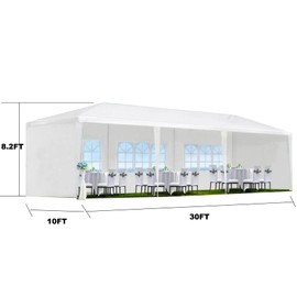 10'x30' Party Tent, Outdoor Wedding Party Canopy Tent with 5 Removable Sidewalls, Heavy Duty Gazebo Shelter for Parties Garden Patio Backyard, White Event Tents
