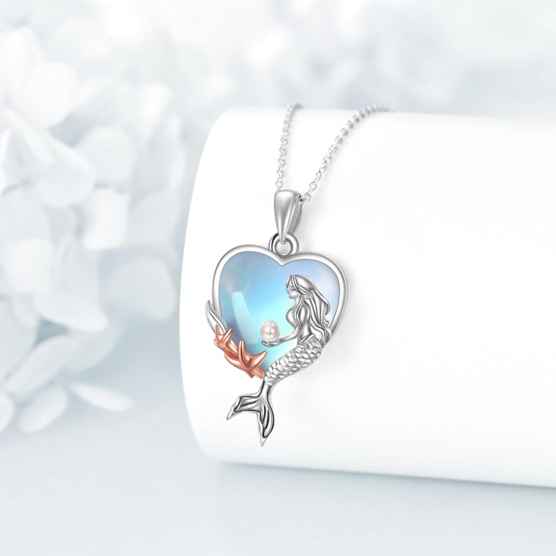 KQF Mermaid Necklace for Women Sterling Silver Mermaid Jewelry Moonstone