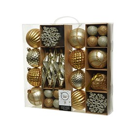 50 Piece Set of Christmas Tree Decorations - Baubles, Snowflakes & Finials - Available in Red, Gold & Silver (Gold)