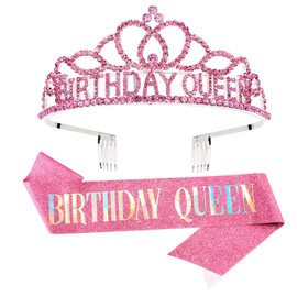AOPRIE Birthday Crown for Women Birthday Queen Sash for Women Birthday Tiara for Women Birthday Girl Headband Princess Crown Rhinestone Happy Birthday Accessories Pink