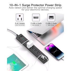Surge Protector Power Strip - 6 Outlets 4 USB Charging Ports, 5Ft Braided Extension Cord, Flat Plug, Overload Protection, Wall Mount for Home Office, Dorm Room Essentials, Black