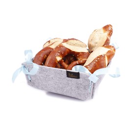 Small bread basket made of felt in mottled grey, approx. 18 x 18 cm, modern, square/square design, washable and folds flat, including 3 x 4 ribbons in silver, light blue and pink, ideal for breakfast,