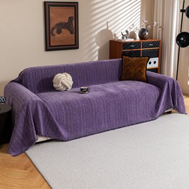 Sofa Covers for 3 Cushion Couch Seat, Loveseat Non Slip Couch Cover Chenille Strip Couch Throw Blankets with Tassels, Sectional Sofa Slipcovers Furniture Protector for Pets, Kids 71"x134", Purple