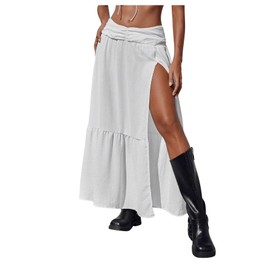 SHENHE Women's Summer Low Rise Maxi Skirt High Slit Ruffle Hem Flowy Boho Long Skirt White Small