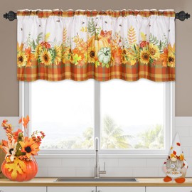 FRAMICS - Cortina para ventana de Acción de Gracias, 60 pulgadas de ancho x 18 pulgadas de largo, 1 panel, calabaza, girasol búfalo a cuadros