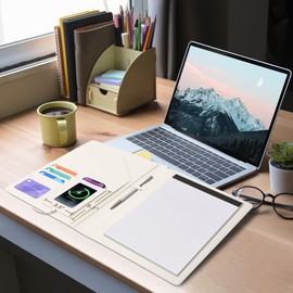 Ospelelf Foldable Clipboard Padfolio with Notepad 8.5 x 11, Faux Leather Business Clipboard Folio for Women Portfolio Organizer, Beige