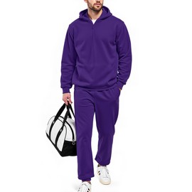 LUYIJIESHENG sweat suit for Men's Purple hoodies Quarter Zip 2 Piece Set Long Sleeve Casual Tracksuits Sweatsuit for Jackets and Pants Jogging Sports Set Sportswear M