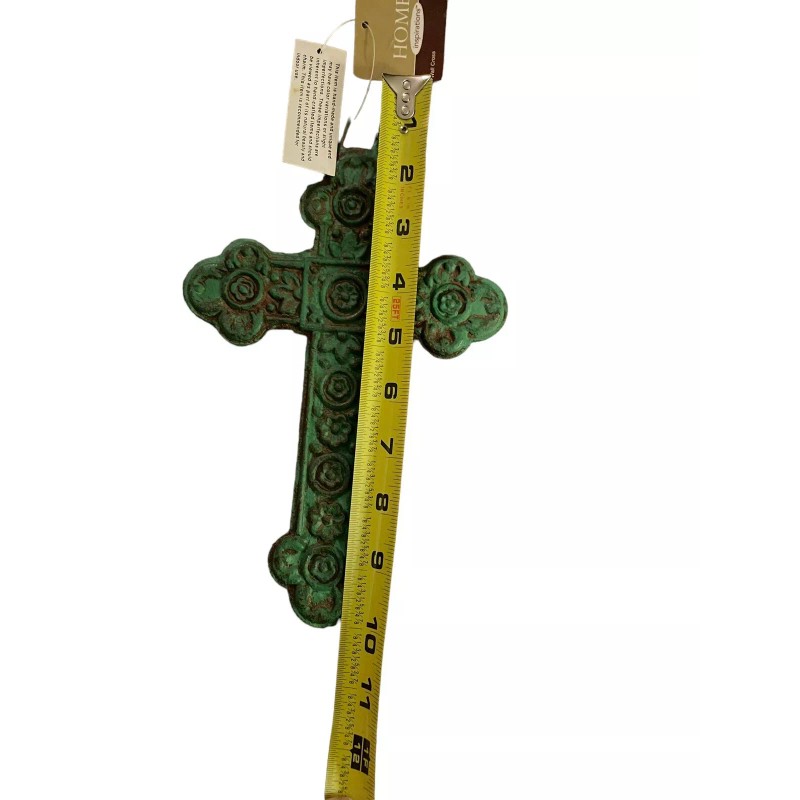 Cast Metal Wall Cross Ornate Rustic With Green Finish 10”