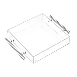 Richboom Clear Acrylic Serving Tray 12"x12" - Coffee Table Living Room Kitchen Decorative Tray with Silver Metal Handles, Bathroom Vanity Tray Perfume Cosmetic Storage Organizer