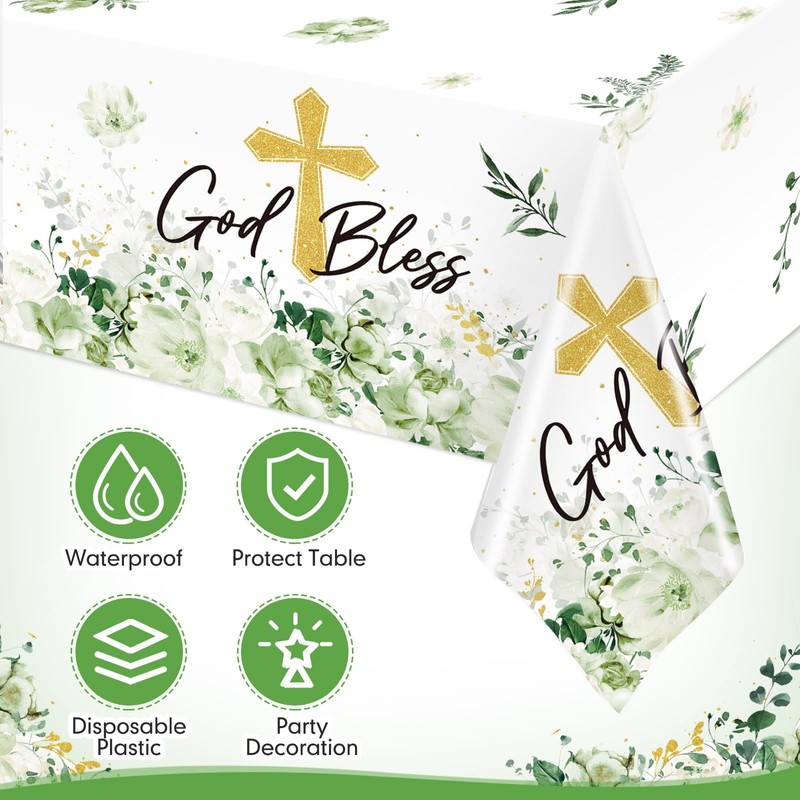 Ganeen 3 Pcs Green God Bless Baptism Tablecloth Disposable Plastic