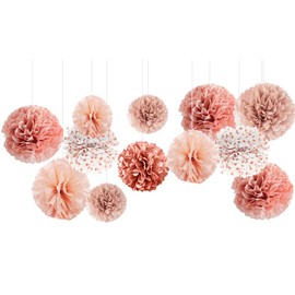 NICROLANDEE Wedding Decorations - 12 PCS Rose Gold Burnt Coral Tissue Paper Pom Poms for Wedding Birthday Bridal Shower Bachelorette Baby Shower Ceiling and Party Backdrop Decor
