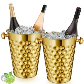 MorningRo 2 Pcs 5 Quart Metal Champagne Bucket Hammered Stainless Steel Doublewall Wine Ice Bucket for Bar, Party, Wedding, Banquet, Outdoor BBQ(Luxurious Golden)