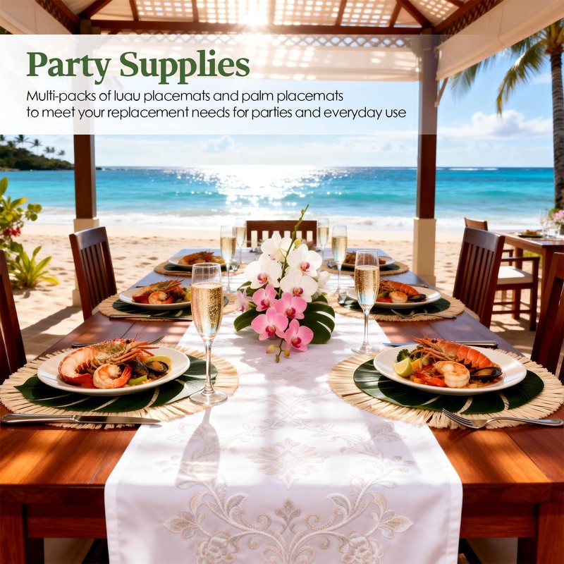 MehelloFeather 24Pcs Luau and Palm Placemats Raffia Grass Tropical Palm