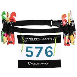 VeloChampion Running Waistpack Belt – Elastic Stretch Fit with Clip Fastening for Triathlon, Marathon, Cycling & Race Number Holder (Adult S/M + Gel Loops, 1)