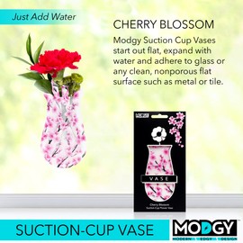 MODGY Expandable Flower Vase Plastic Decorative Modern Vases for Flowers Kitchen Window Decor Living Room Bathroom Office, with Suction Cup, Cherry Blossom, 7.5” x 4”