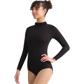 BAKPH Women's Turtleneck Long Sleeve Leotard Dance Ballet Bodysuit With Snaps, Black, Small